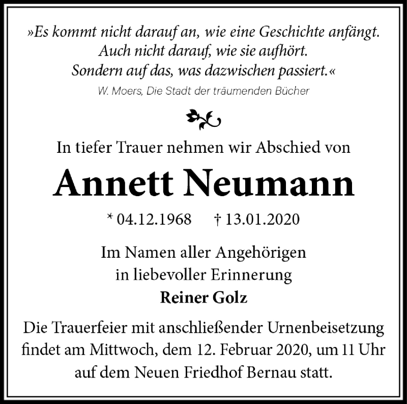  Traueranzeige für Annett Neumann vom 02.02.2020 aus Märkische Oderzeitung