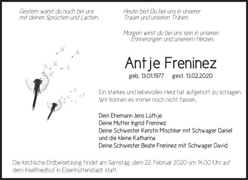  Traueranzeige für Antje Freninez vom 18.02.2020 aus Märkische Oderzeitung
