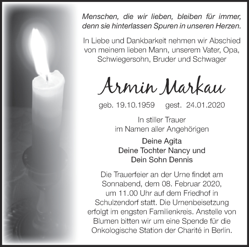  Traueranzeige für Armin Markau vom 01.02.2020 aus Märkische Oderzeitung