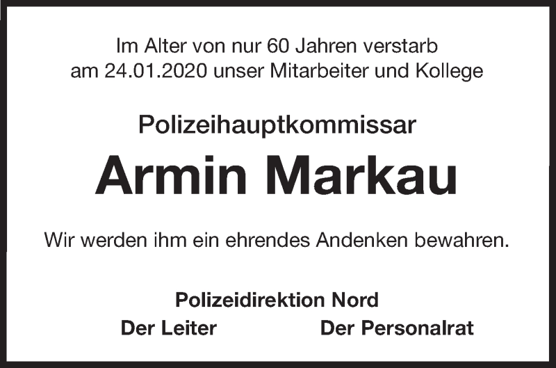  Traueranzeige für Armin Markau vom 01.02.2020 aus Märkische Oderzeitung