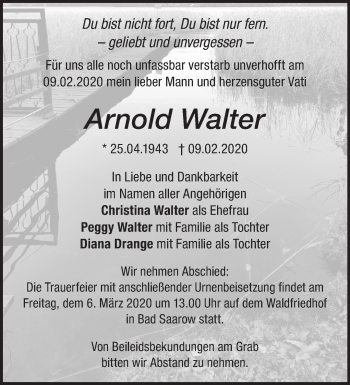 Traueranzeige von Arnold Walter von Märkische Oderzeitung