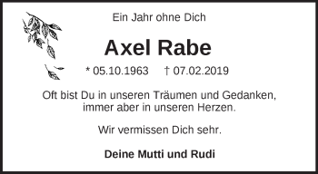 Traueranzeige von Axel Rabe von Märkische Oderzeitung