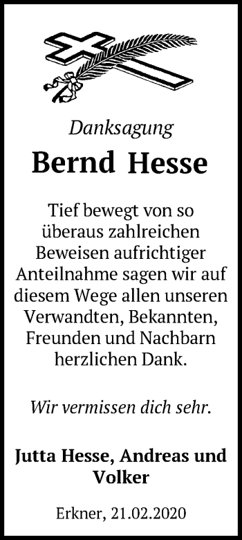 Traueranzeige von Bernd Hesse von Märkische Oderzeitung