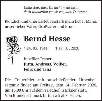 Traueranzeige von Bernd Hesse von Märkische Oderzeitung