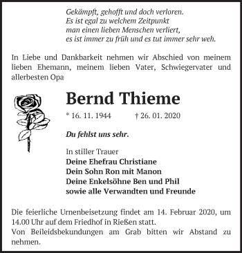 Traueranzeige von Bernd Thieme von Märkische Oderzeitung