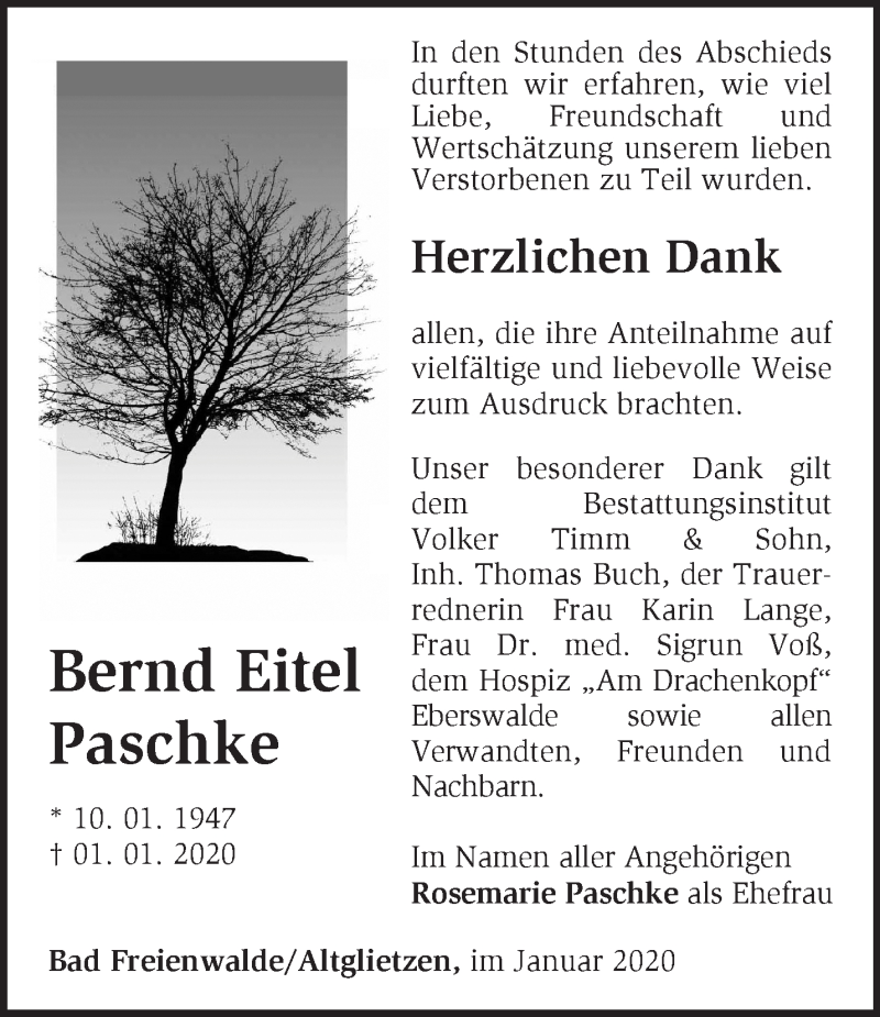  Traueranzeige für Bernd Eitel Paschke vom 02.02.2020 aus Märkische Oderzeitung