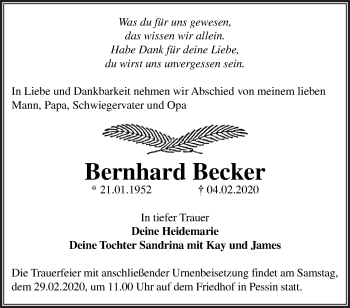 Traueranzeige von Bernhard Becker von Märkische Oderzeitung