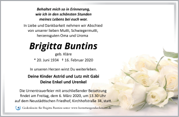 Traueranzeige von Brigitta Buntins von Märkische Oderzeitung