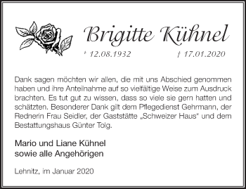 Traueranzeige von Brigitte Kühnel von Märkische Oderzeitung