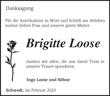 Traueranzeige von Brigitte Loose von Märkische Oderzeitung