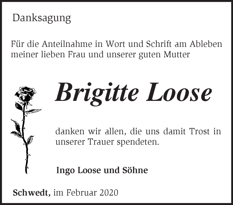  Traueranzeige für Brigitte Loose vom 09.02.2020 aus Märkische Oderzeitung