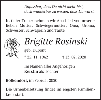 Traueranzeige von Brigitte Rosinski von Märkische Oderzeitung