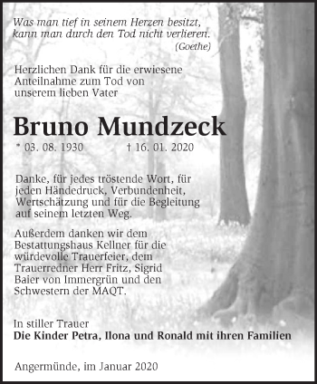 Traueranzeige von Bruno Mundzeck von Märkische Oderzeitung