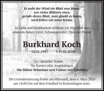 Traueranzeige von Burkhard Koch von Märkische Oderzeitung