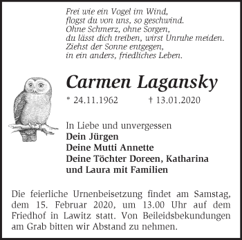 Traueranzeige von Carmen Lagansky von Märkische Oderzeitung