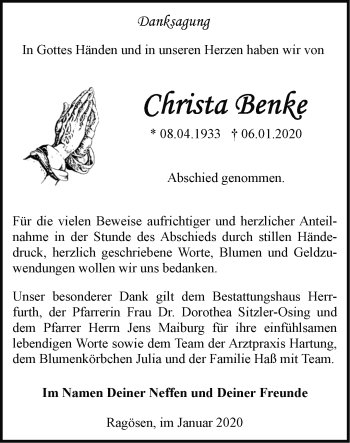 Traueranzeige von Christa Benke von Märkische Oderzeitung