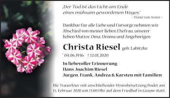 Traueranzeige von Christa Riesel von Märkische Oderzeitung