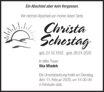 Traueranzeige von Christa Schostag von Märkische Oderzeitung