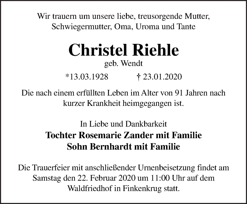  Traueranzeige für Christel Riehle vom 16.02.2020 aus Märkische Oderzeitung