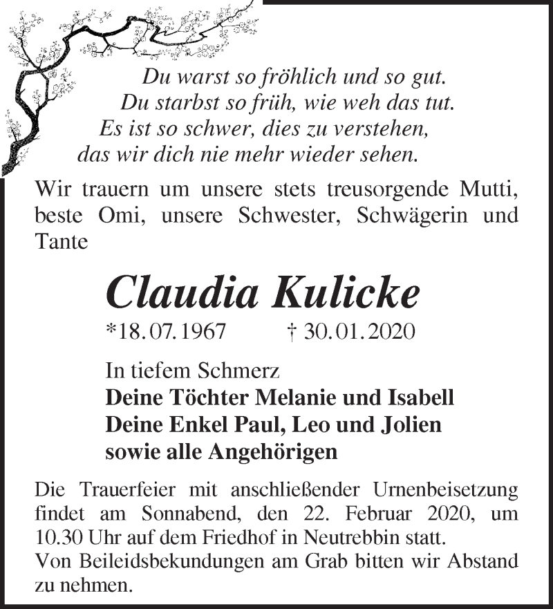  Traueranzeige für Claudia Kulicke vom 08.02.2020 aus Märkische Oderzeitung