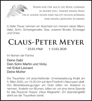 Traueranzeige von Claus-Peter Meyer von Märkische Oderzeitung