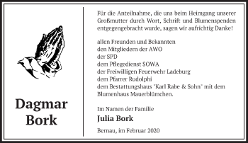 Traueranzeige von Dagmar Bork von Märkische Oderzeitung