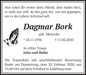 Traueranzeige von Dagmar Bork von Märkische Oderzeitung