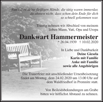 Traueranzeige von Dankwart Hammermeister von Märkische Oderzeitung