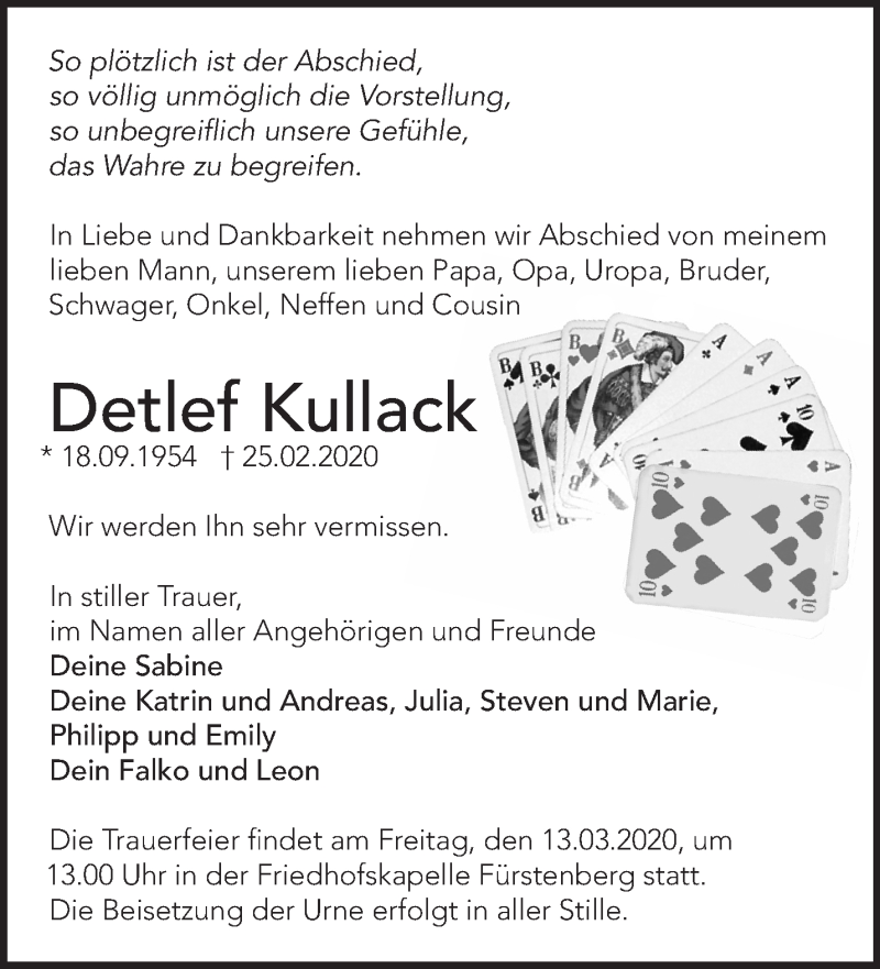  Traueranzeige für Detlef Kullack vom 29.02.2020 aus Märkische Oderzeitung