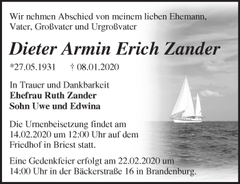 Traueranzeige von Dieter Armin Erich Zander von Märkische Oderzeitung