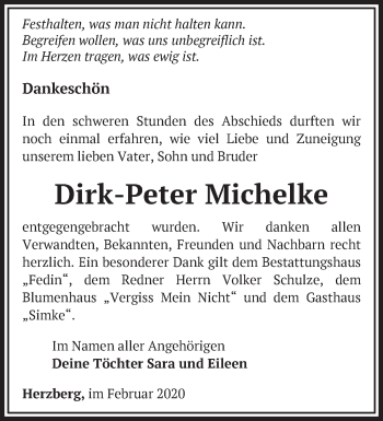 Traueranzeige von Dirk-Peter Michelke von Märkische Oderzeitung