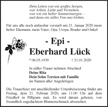 Traueranzeige von Eberhard Lück von Märkische Oderzeitung