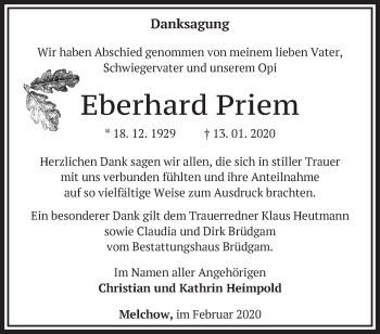 Traueranzeige von Eberhard Priem von Märkische Oderzeitung