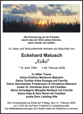 Traueranzeige von Eckehard Matusch von Märkische Oderzeitung