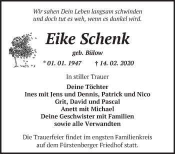 Traueranzeige von Eike Schenk von Märkische Oderzeitung
