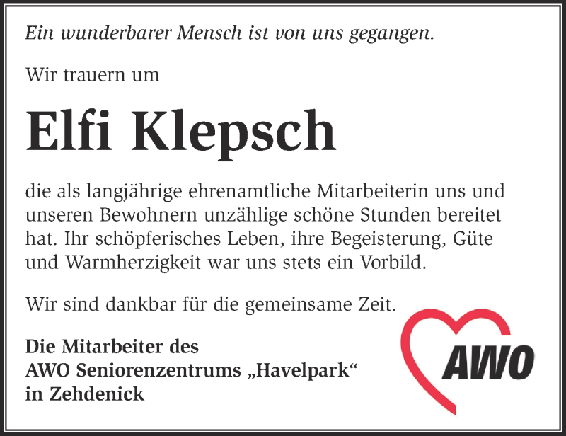  Traueranzeige für Elfi Klepsch vom 01.02.2020 aus Märkische Oderzeitung