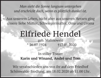 Traueranzeige von Elfriede Hendel von Märkische Oderzeitung