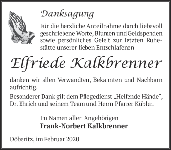 Traueranzeige von Elfriede Kalkbrenner von Märkische Oderzeitung