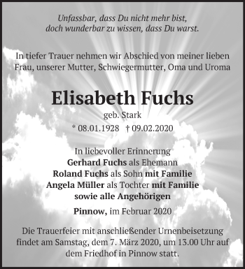 Traueranzeige von Elisabeth Fuchs von Märkische Oderzeitung