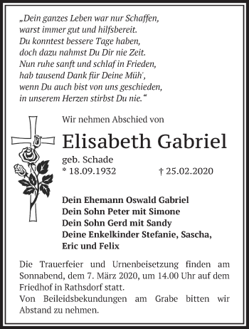 Traueranzeige von Elisabeth Gabriel von Märkische Oderzeitung