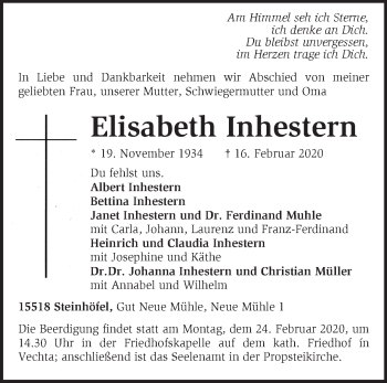 Traueranzeige von Elisabeth Inhestern von Märkische Oderzeitung