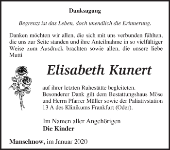 Traueranzeige von Elisabeth Kunert von Märkische Oderzeitung