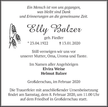 Traueranzeige von Elly Balzer von Märkische Oderzeitung