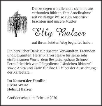 Traueranzeige von Elly Balzer von Märkische Oderzeitung