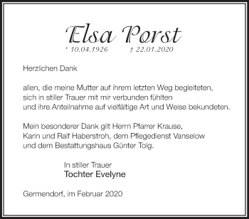 Traueranzeige von Elsa Porst von Märkische Oderzeitung