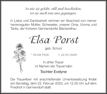 Traueranzeige von Elsa Porst von Märkische Oderzeitung