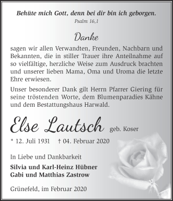 Traueranzeige von Else Lautsch von Märkische Oderzeitung