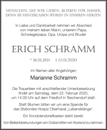 Traueranzeige von Erich Schramm von Märkische Oderzeitung