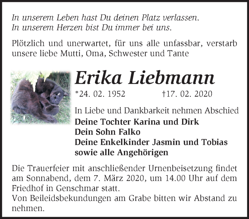  Traueranzeige für Erika Liebmann vom 22.02.2020 aus Märkische Oderzeitung