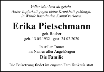 Traueranzeige von Erika Pietschmann von Märkische Oderzeitung